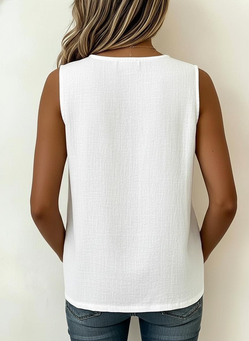 Weißes Leinen-Mischgewebe Knopfleiste Ärmelloses Tank-Top