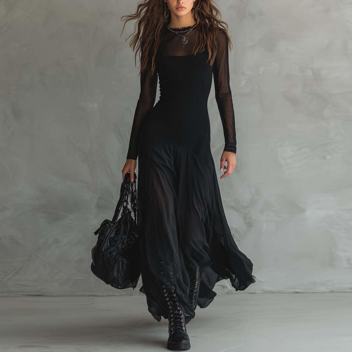 Vintage schwarzes einfaches Rundhals-Maxikleid