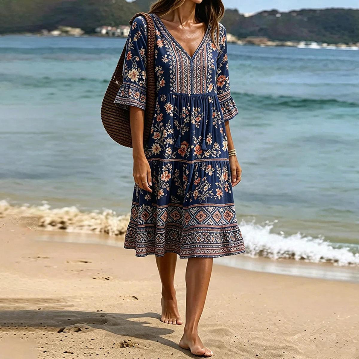 Navy Boho Blumen Tassel V-Ausschnitt Rüschenmanschette Midikleid