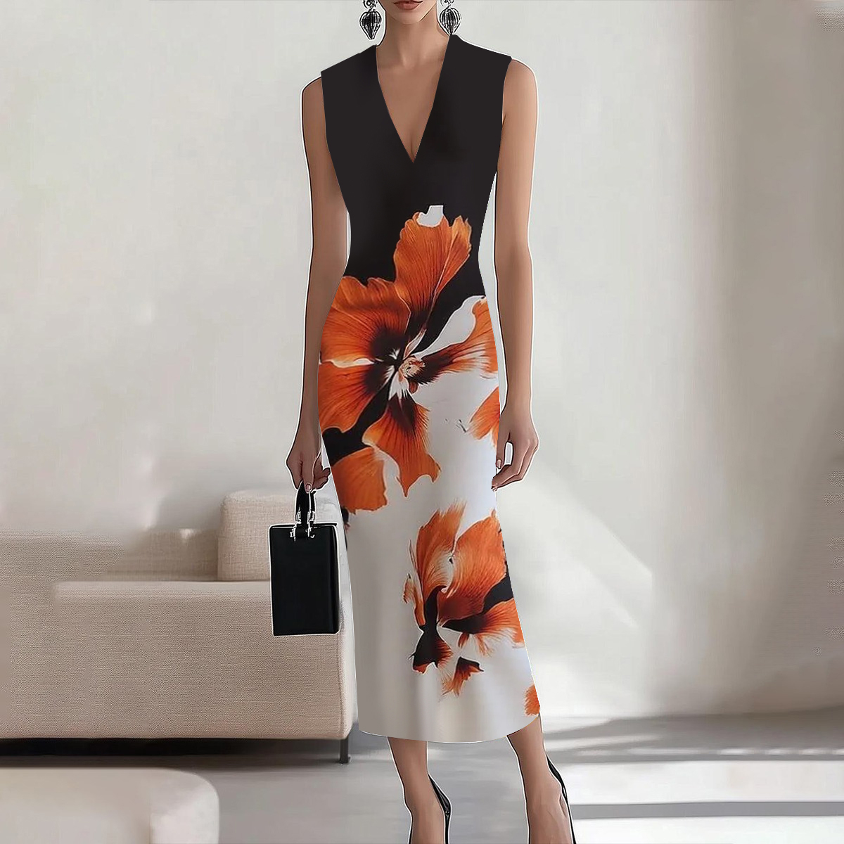 Eleganter Blumenprint-ärmelloses Maxikleid