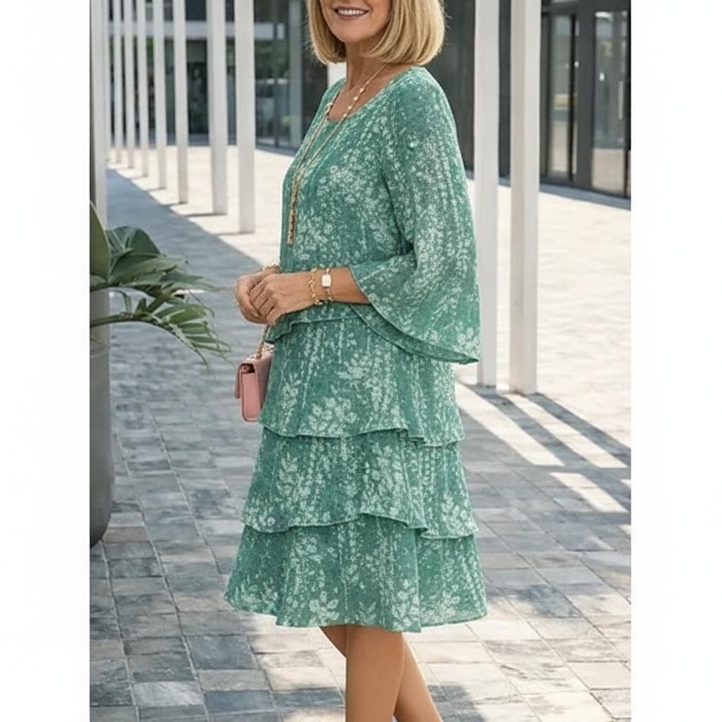 Grünes Blumendruck-Etagenkleid mit Glockenärmeln