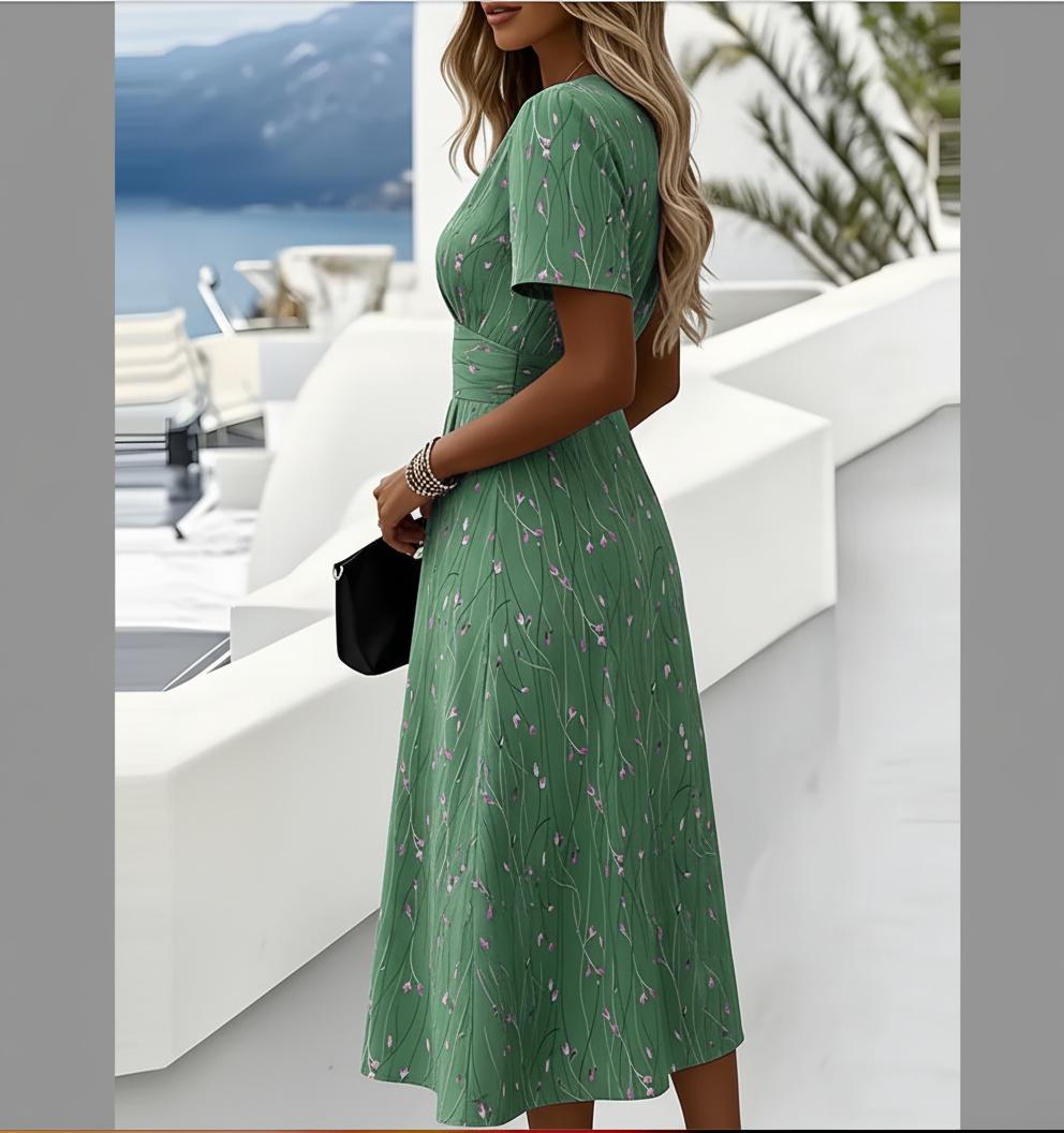 Grünes Blumendruck-V-Ausschnitt-Midikleid