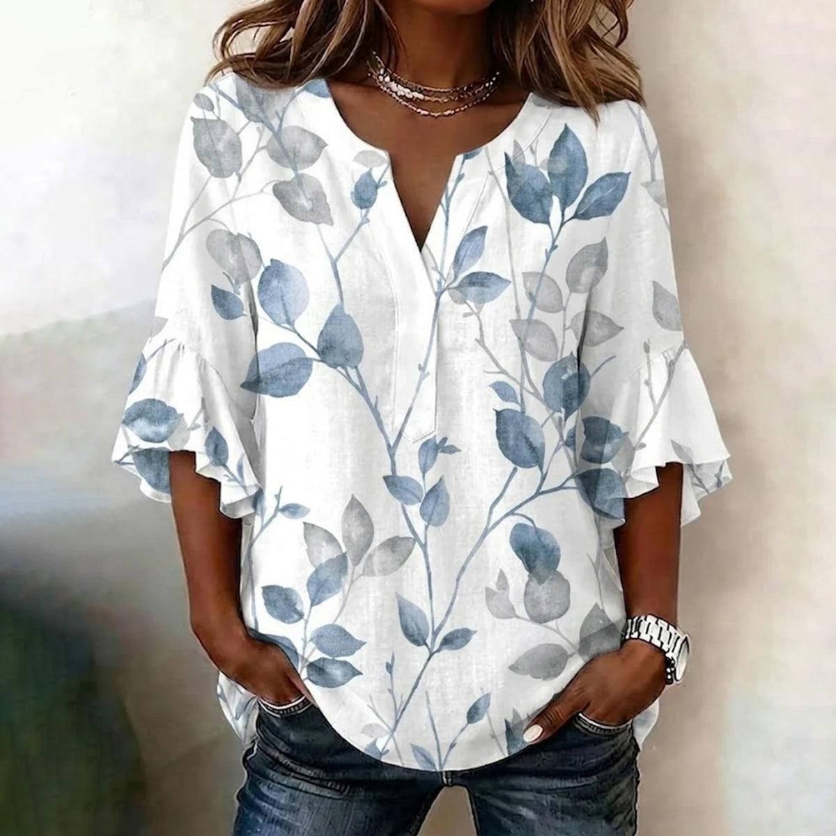 Blaue Aquarell-Blatt-Rüschen-3/4-Arm-V-Ausschnitt-Bluse