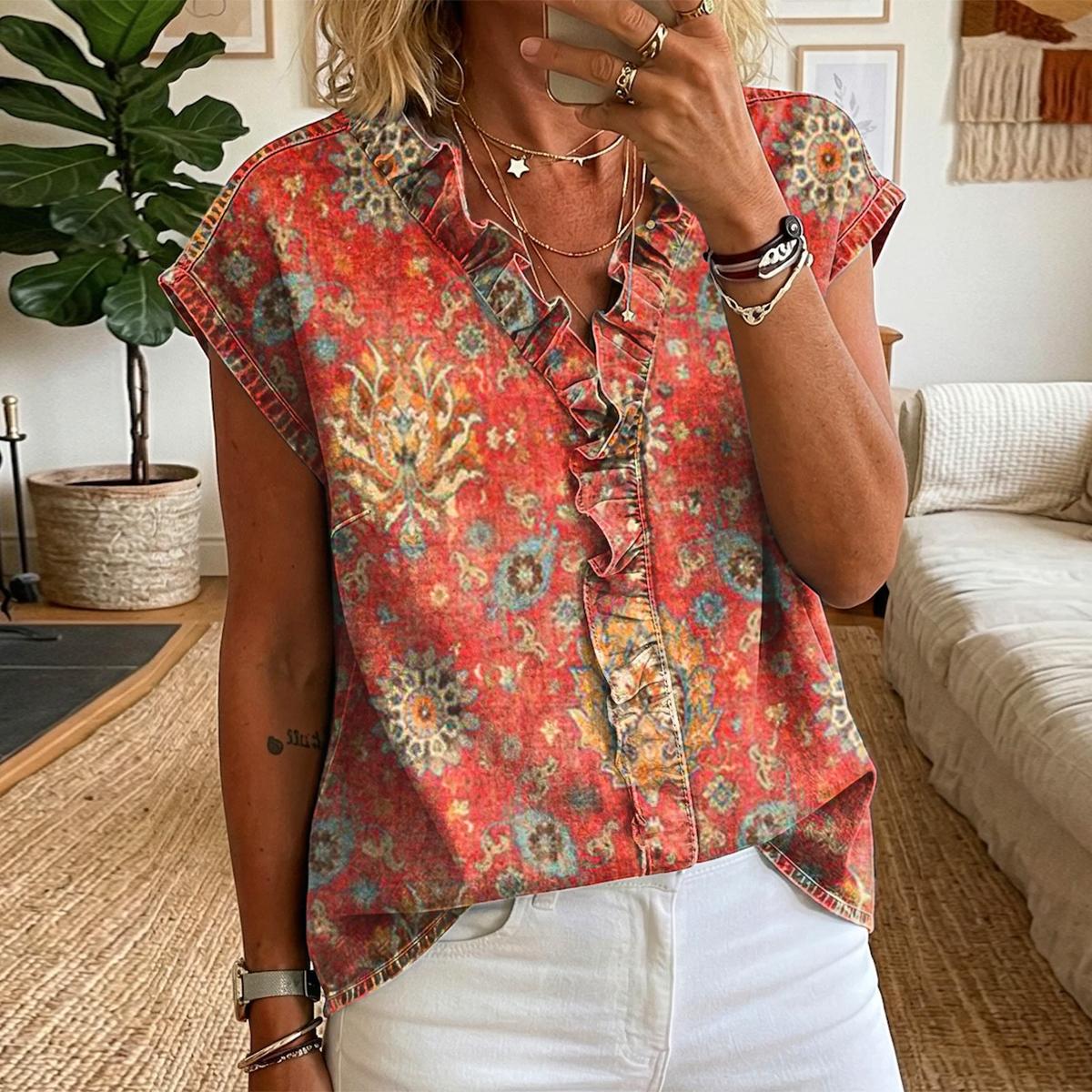 Rotes Boho-Print Rüschenoberteil