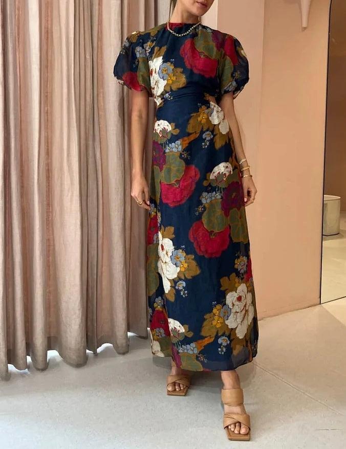Marineblau Rundhals Kurzarm Maxikleid