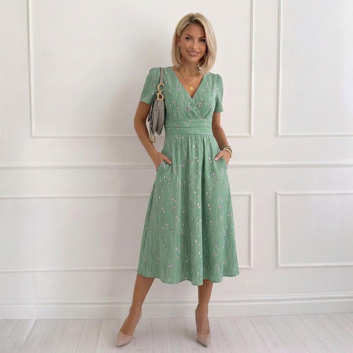 Grünes Blumendruck-V-Ausschnitt-Midikleid
