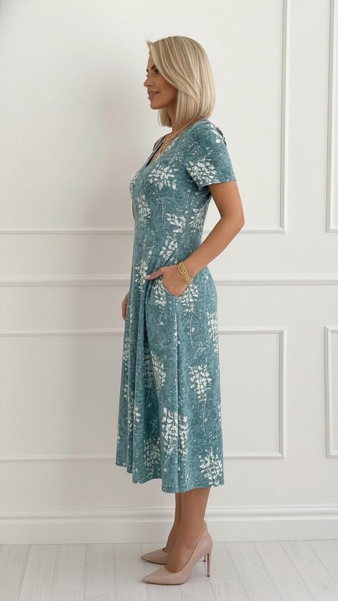 Türkis-weiß geblümtes V-Ausschnitt-Midikleid