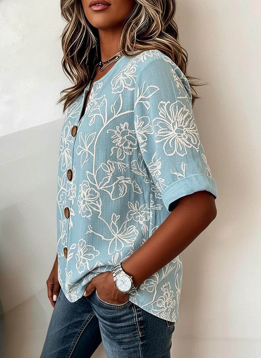 V-Ausschnitt Kurzarm Bluse mit Blumenprint