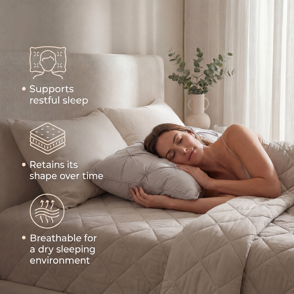 Woman resting on SoftCloud with complete English callouts about restful sleep, shape retention and breathability