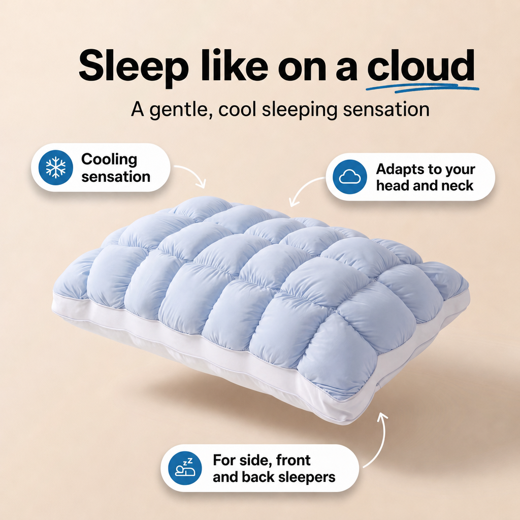 IceCloud tufted ice-blue pillow with white underside and complete English feature labels